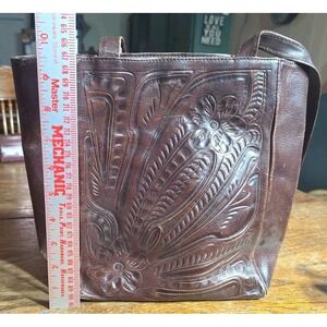 Leaders in Leather Tooled Leather Brown Shoulder Bag Purse Tote Paraguay Star